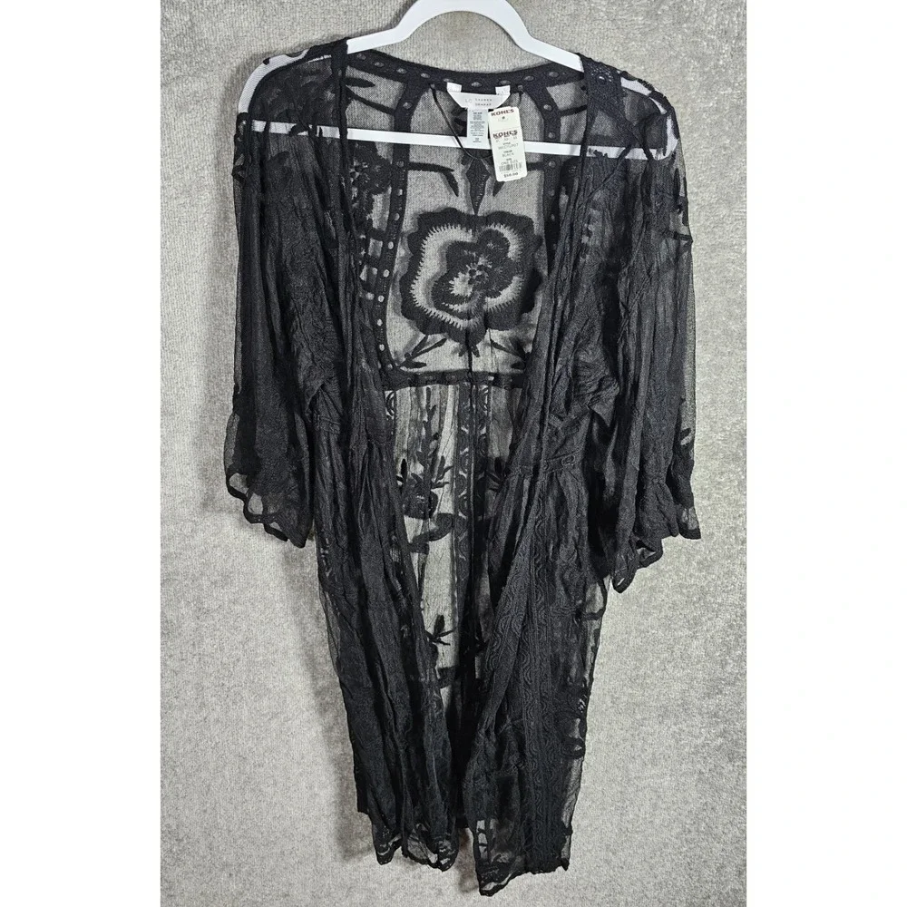 LC Lauren Conrad Open Front Floral Mesh Kimono Duster Womens OS Black Embroidery